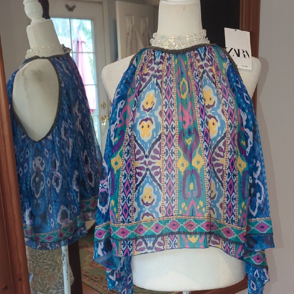 Zara Multicolor Blue-Purple Ikat Halter Camisole Top